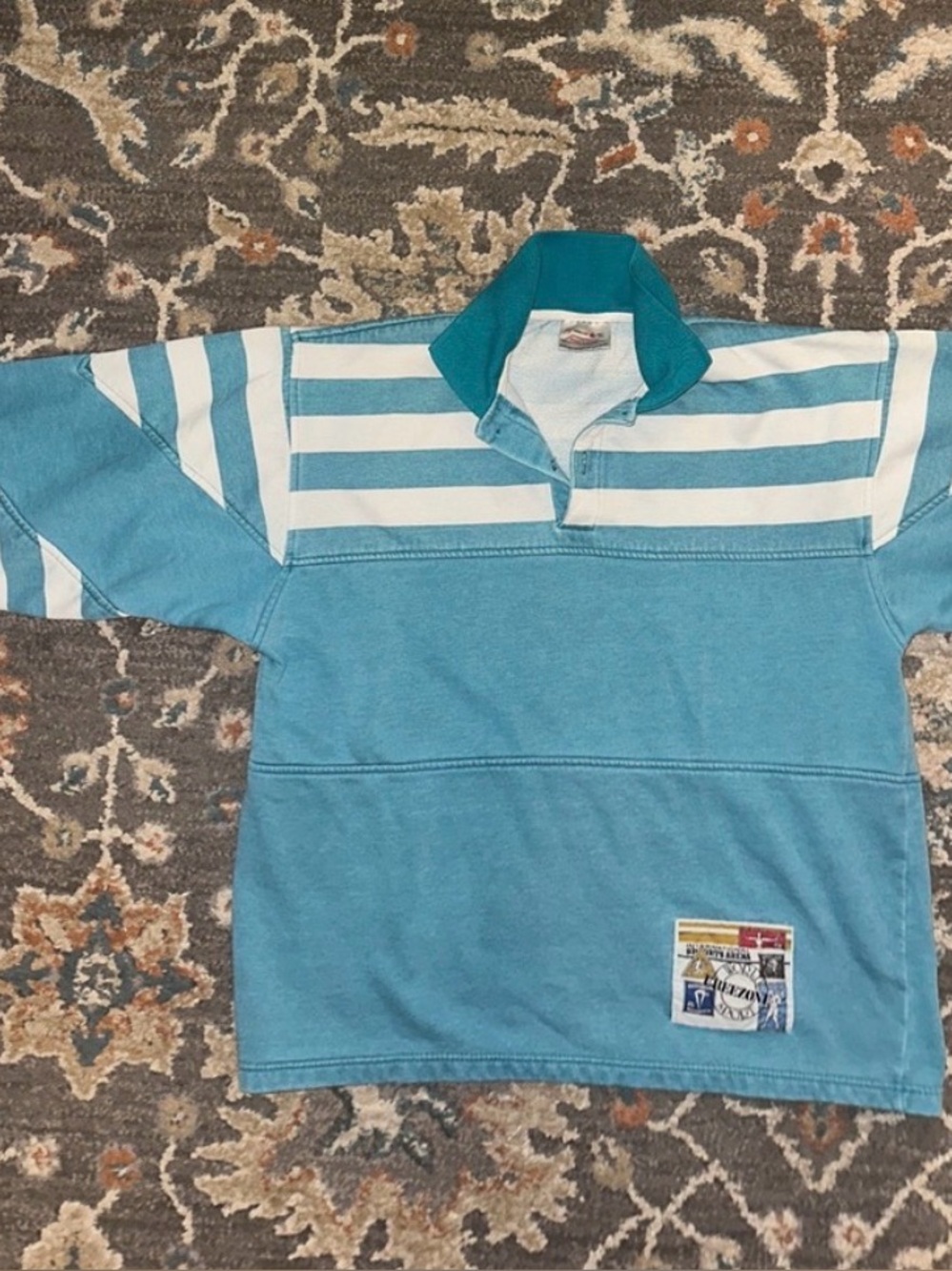 VINTAGE -Footlocker Men's Teal and White Striped Rugby Pullover Sweatshirt
